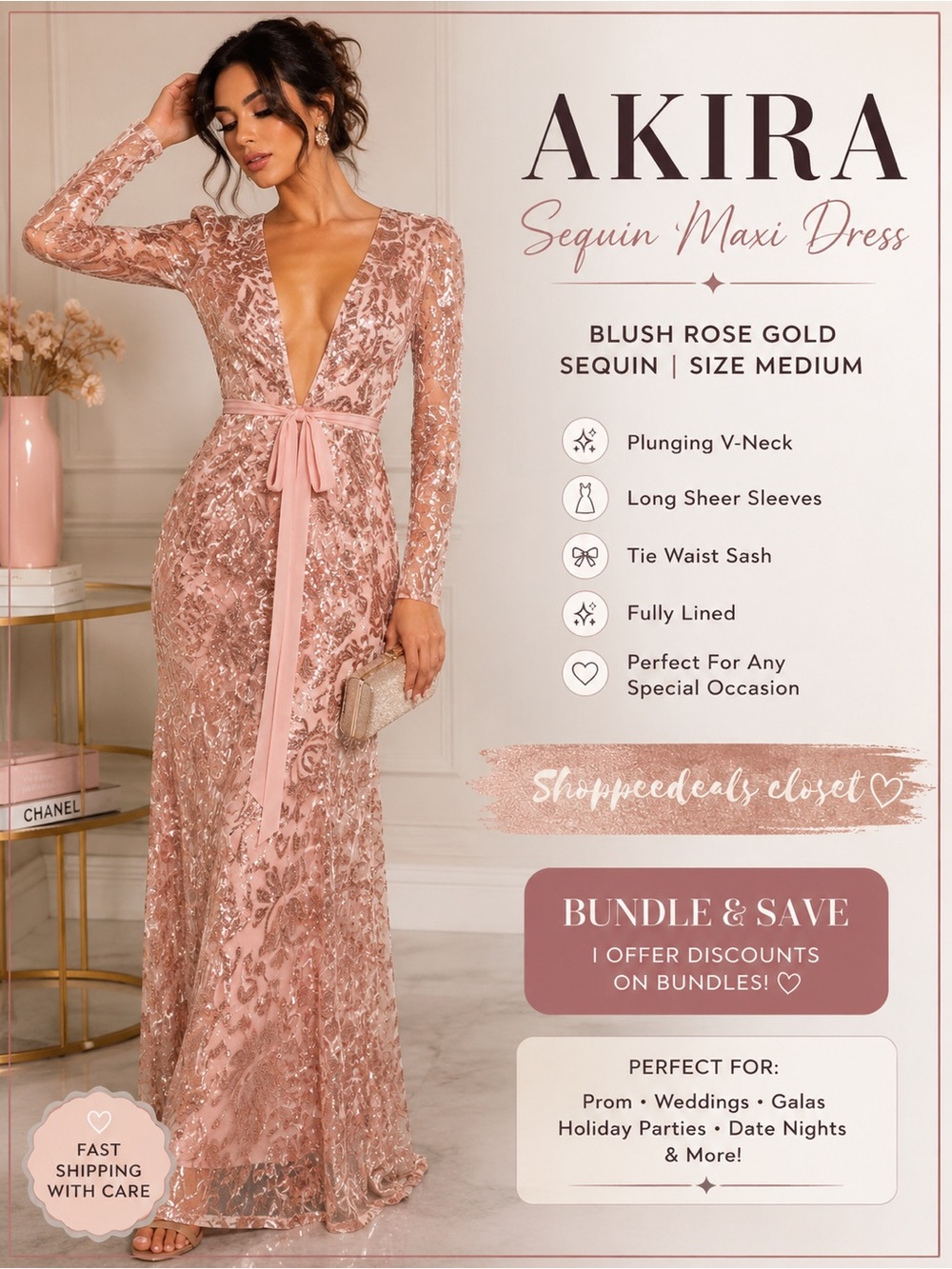 AKIRA Blush Rose Gold Sequin Maxi Gown | Deep V-Neck | Long Sleeve | Size Medium
